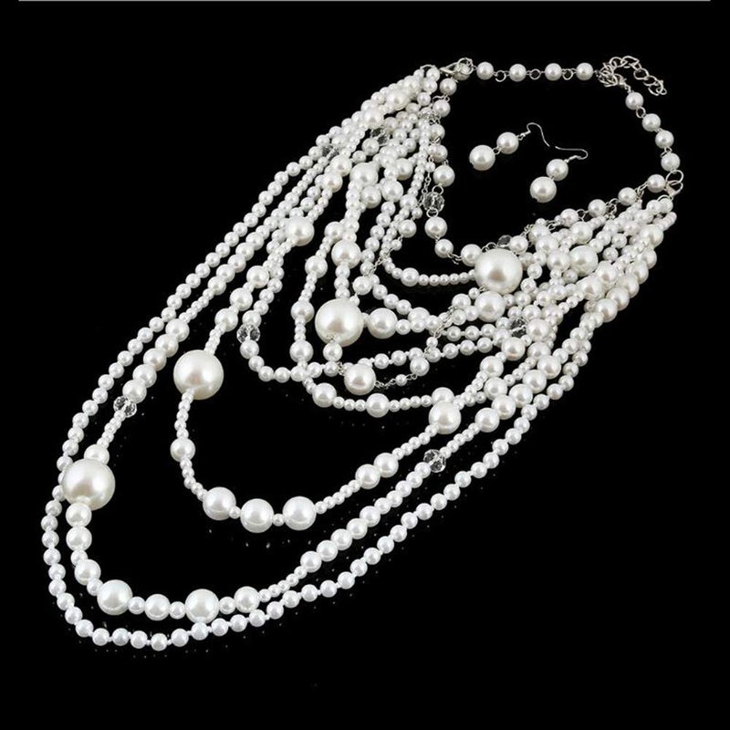 GRACE JUN Multilayer Strand Chain Faux Pearls Flapper Beads Cluster Long Choker Necklace (Silver White Necklace+Pierced Earrings) - Image 2